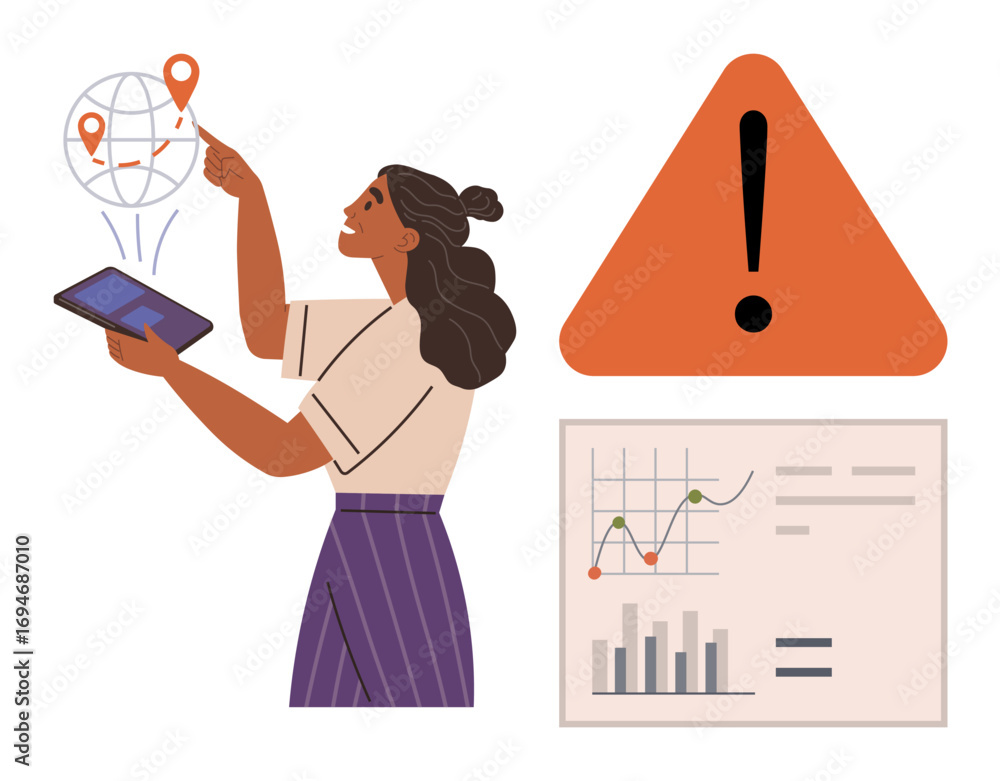 Poster woman interacts with a tablet pointing at a global map with location markers, large warning alert an
