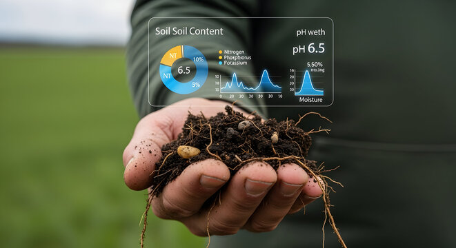 Scientist examining soil sample with data overlay for analysis