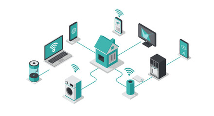 Obraz premium Smart home technology network with connected devices in isometric design