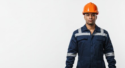 Man in blue work suit and orange hard hat stands against a white background