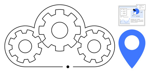 Interconnected cloud gears, blue location pin, and data analytics dashboard symbolize teamwork, process optimization, data-driven strategies. Ideal for tech, logistics, SEO, efficiency innovation