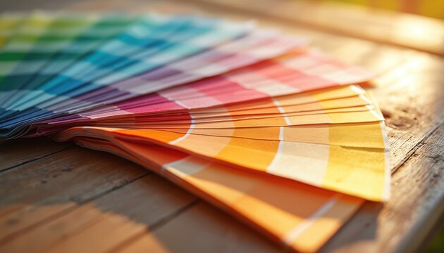 Close-up of color swatches laid out on wooden table, fanned in row. Warm sunlight illuminates vibrant shades of orange, yellow, green, blue, pink. Arrangement offers tactile sense of material, design - Powered by Adobe