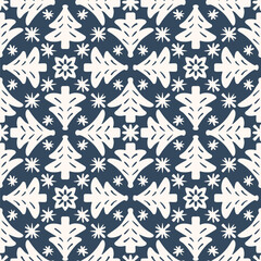 Seamless Christmas pattern in doodle style. Black and white background with Christmas fir-trees. Vector illustration.