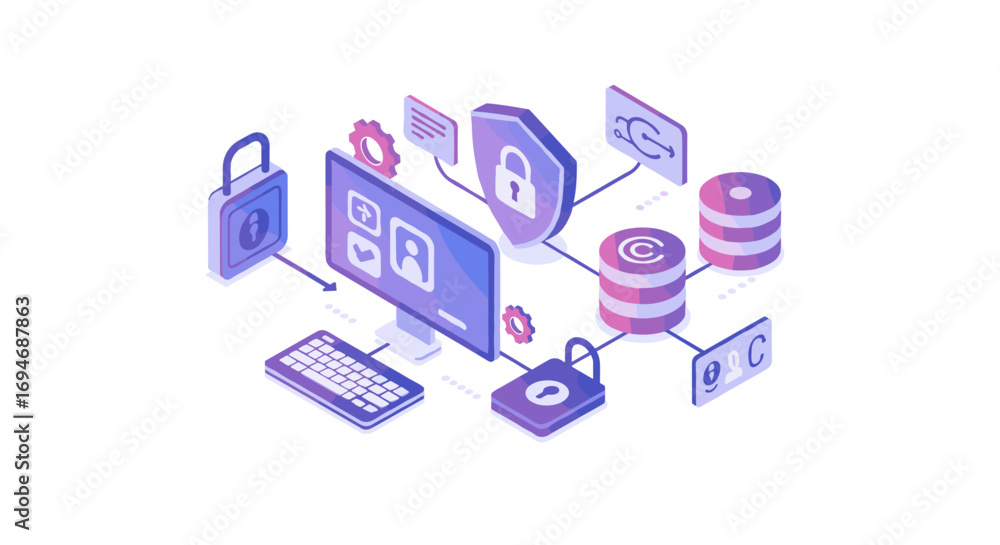 Poster isometric cybersecurity design with technology icons and digital protection elements