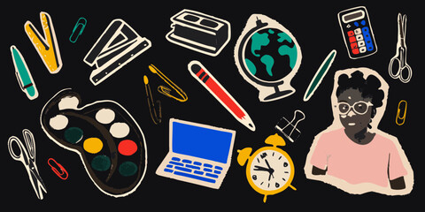 Diverse student with glasses surrounded by school supplies and art materials on a black background