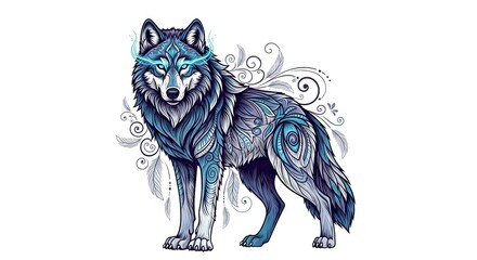 Intricate wolf art stylized lines blue tones glowing eyes  decorative swirls