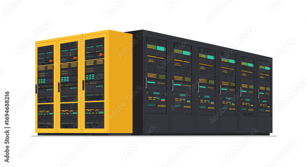 Poster modern data center with yellow server racks and digital interfaces in isometric style