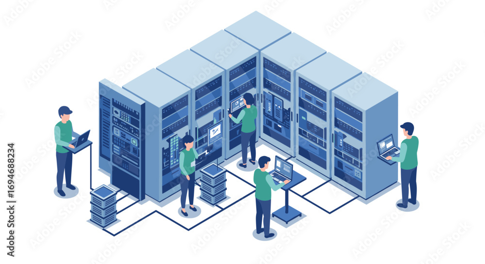 Aufkleber isometric data center with technicians working on servers