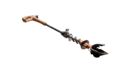 Hand Auger Tool: A detailed, photorealistic studio shot showcases a hand auger, a versatile tool for digging, featuring a wooden handle and a spiral-shaped metal drill bit.