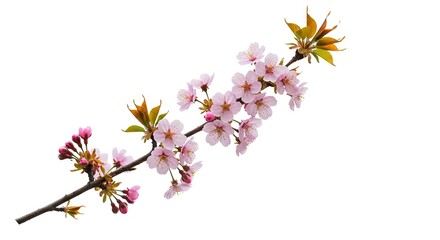 Obraz premium Branch of light pink cherry blossoms with green and brown leaves against a white background