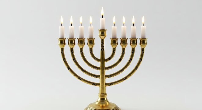 Lit menorah golden candelabrum with nine white candles burning against a pale background