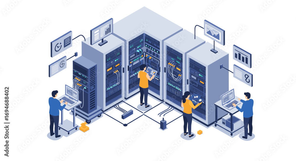 Poster modern isometric data center with technicians managing servers and network systems