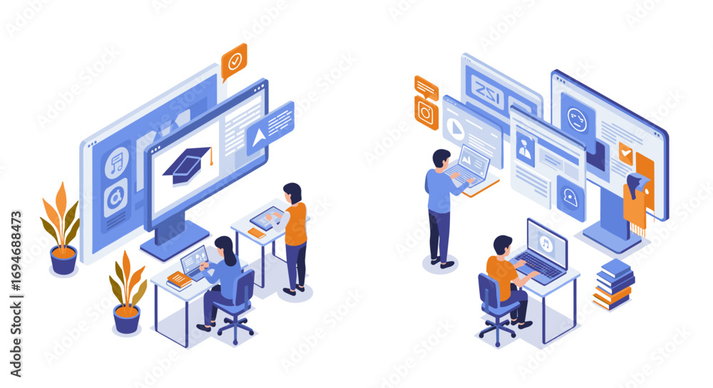 Poster isometric workspace concept with diverse remote work scenes and digital elements