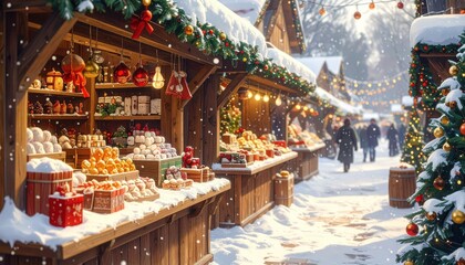 A charming winter market scene, filled with festive wooden stalls laden with treats and gifts, nestled in a snowy village setting.