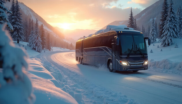 Luxury coach travels snowy mountain road at dusk. Orange sunset illuminates pristine snow-covered landscape with fir trees. Passengers journey to ski resort destination for winter vacation enjoyment,