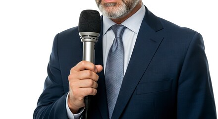 Naklejka premium Man in suit holds microphone tie visible against a white background