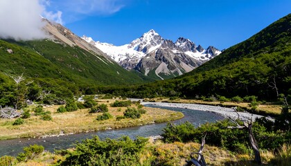 Majestic mountain scenery, glacial river winding through the valley