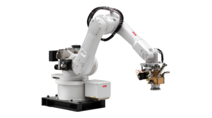 Robotic Arm's Precision: The precision of an advanced robotic arm, gleaming metallic body and intricate mechanical details, poised ready for seamless industrial tasks. 