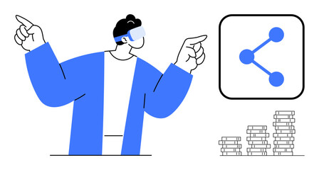 Person wearing VR headset pointing near a sharing icon with stacks of coins below. Ideal for technology, virtual reality, digital innovation, networking, finance, education, simple landing page
