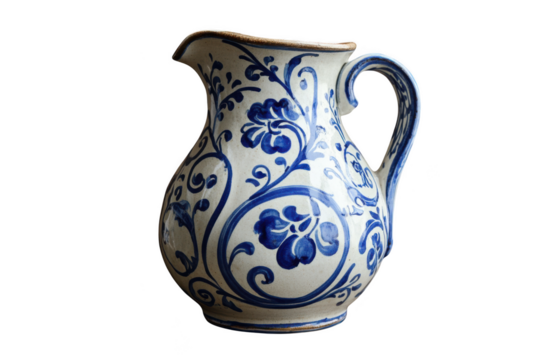 Antique ceramic pitcher with blue floral design, vintage kitchenware, decorative jug, isolated on transparent background