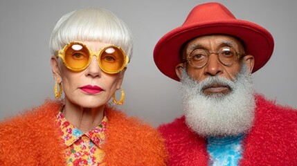 A man and woman wearing sunglasses and hats pose for a photo. The man is wearing a red hat and the woman is wearing an orange jacket. The photo has a fun and playful mood
