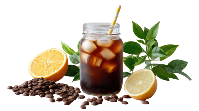 Iced Coffee Citrus Fusion: A refreshing image capturing a stylish iced coffee composition, showcasing a transparent glass jar filled with ice, coffee, lemon, and orange slices.