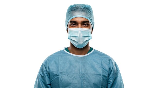 Man in surgical cap and mask wearing a blue gown against a white background
