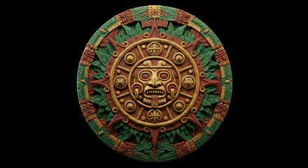Ornate circular Aztec sun stone sculpture featuring a central face and intricate layered carvings on a black backdrop