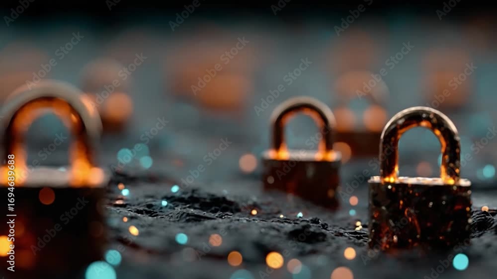 Poster digital fortress: this image encapsulates digital security, displaying a collection of shiny padlock