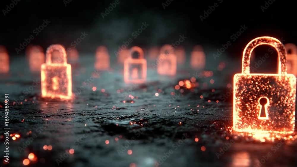 Poster cybersecurity fortress: illuminated padlocks stand vigilant in a dimly lit digital landscape, formin