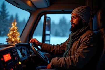 A black man truck driver sits in his cabin, welcoming New Year with a small Christmas tree on the dashboard. Outside the window, snowy trees show a peaceful winter night