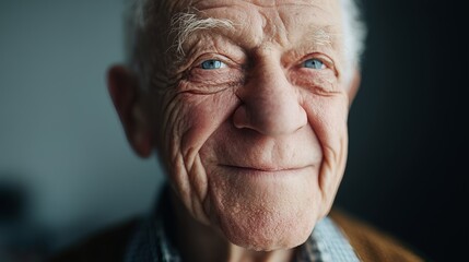 Close-up of an elderly man with a smiling face, showcasing wisdom and joy, highlighting expressive, bright blue eyes.