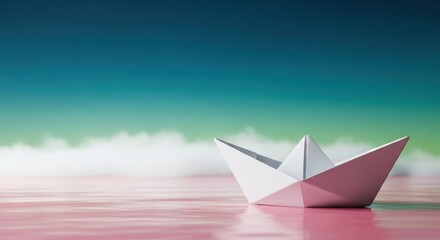 Obraz premium White Paper Boat Floating on Pink Water Under Blue Sky