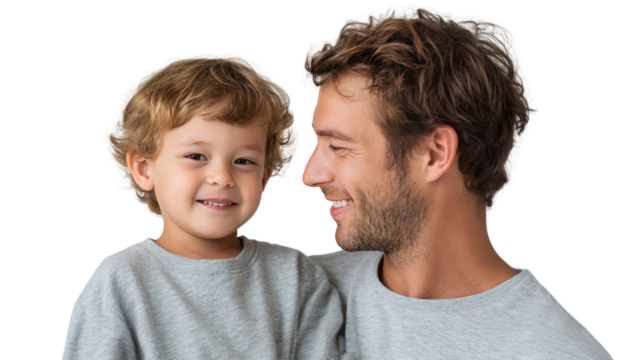 A Father's Tender Embrace: A heartwarming portrait captures a father and son sharing a moment of loving connection, filled with warmth and affection. The father gazes tenderly at his son.