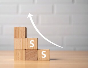 A staircase of wooden blocks with dollar signs and an upward-curving arrow representing financial growth