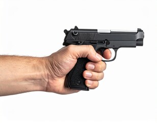 Hand holding a pistol on white background 