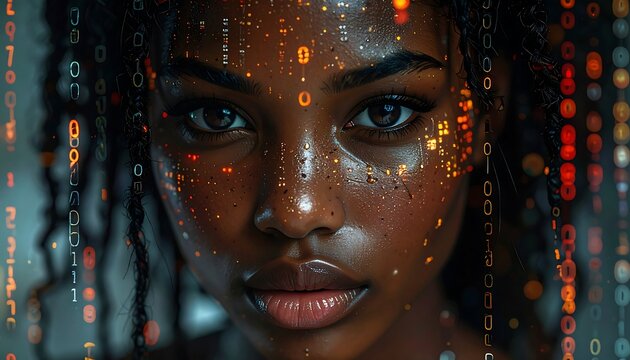 Close-up portrait of a woman with digital binary code overlay