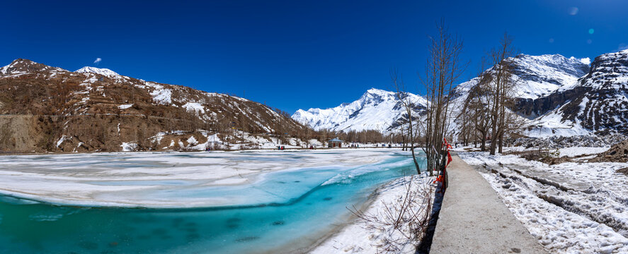 Sissu Lake located near waterfall in the scenic Sissu Valley is a popular tourist destination to enjoy vacations among tourist who visits most popular hill station Manali, Himachal Pradesh, India.