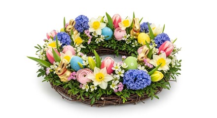 Easter wreath with eggs chocolate bunnies daffodils tulips hyacinths and small white flowers on a woven twig base