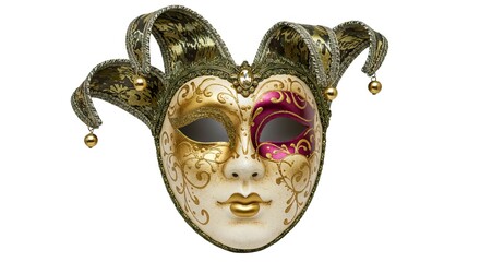 Elaborate jester mask gold purple accents decorative swirls and hanging golden bells