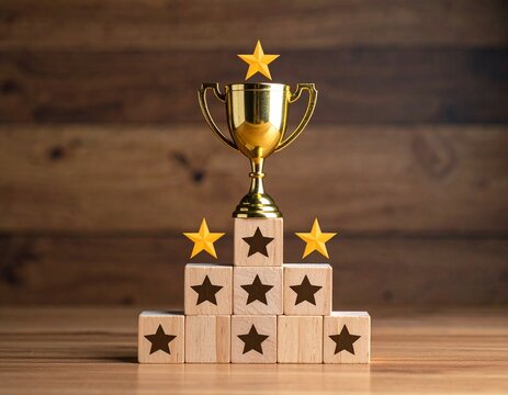 Golden trophy on a star-stacked podium

