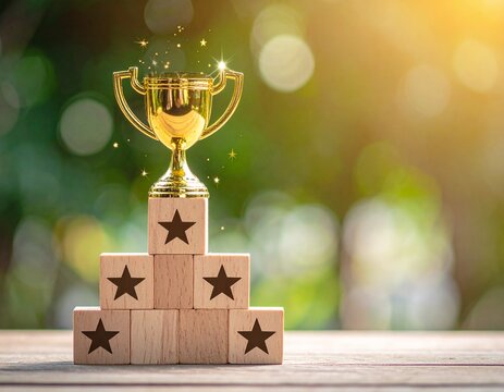 Golden trophy on a star-stacked podium

