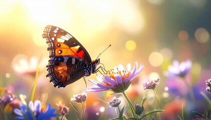 A beautiful butterfly rests gently on a flower, bathed in the warm sunlight of a colorful meadow.