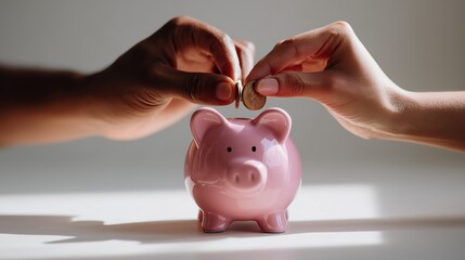 Close-up of two hands placing coins into a pink piggy bank, symbolizing savings, finance, and future investments.