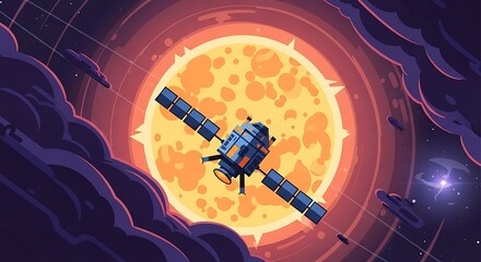 Spacecraft orbiting sun with cosmic scene.