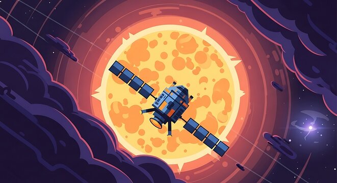 Spacecraft orbiting sun with cosmic scene.