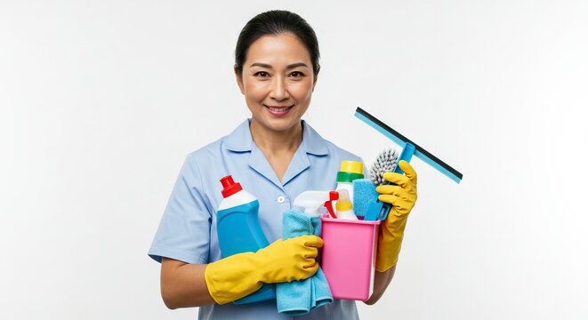 Smiling Asian woman in blue uniform holding cleaning supplies in yellow gloves