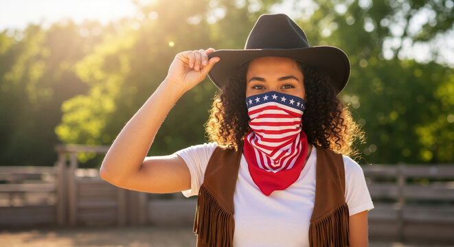 A young cowgirl wearing an American flag bandana and cowboy hat. Modern western style portrait in the sun. American patriotism and country lifestyle