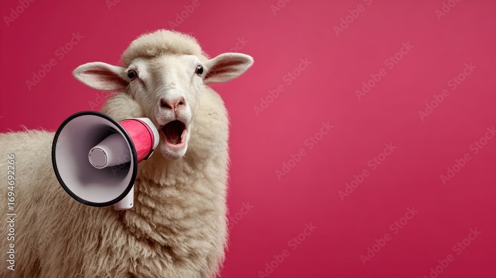 Poster a sheep is holding a microphone and making a loud noise. the sheep is standing on a pink background