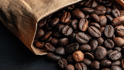 Roasted coffee beans spilling from a brown paper bag (1)
